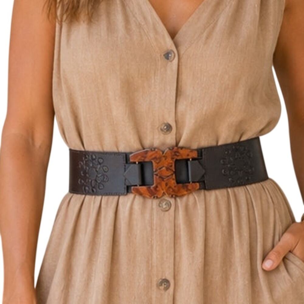 Motif 56 Brown Statement Belt Womens Small Leather Elastic & Wooden Clip Buckle
